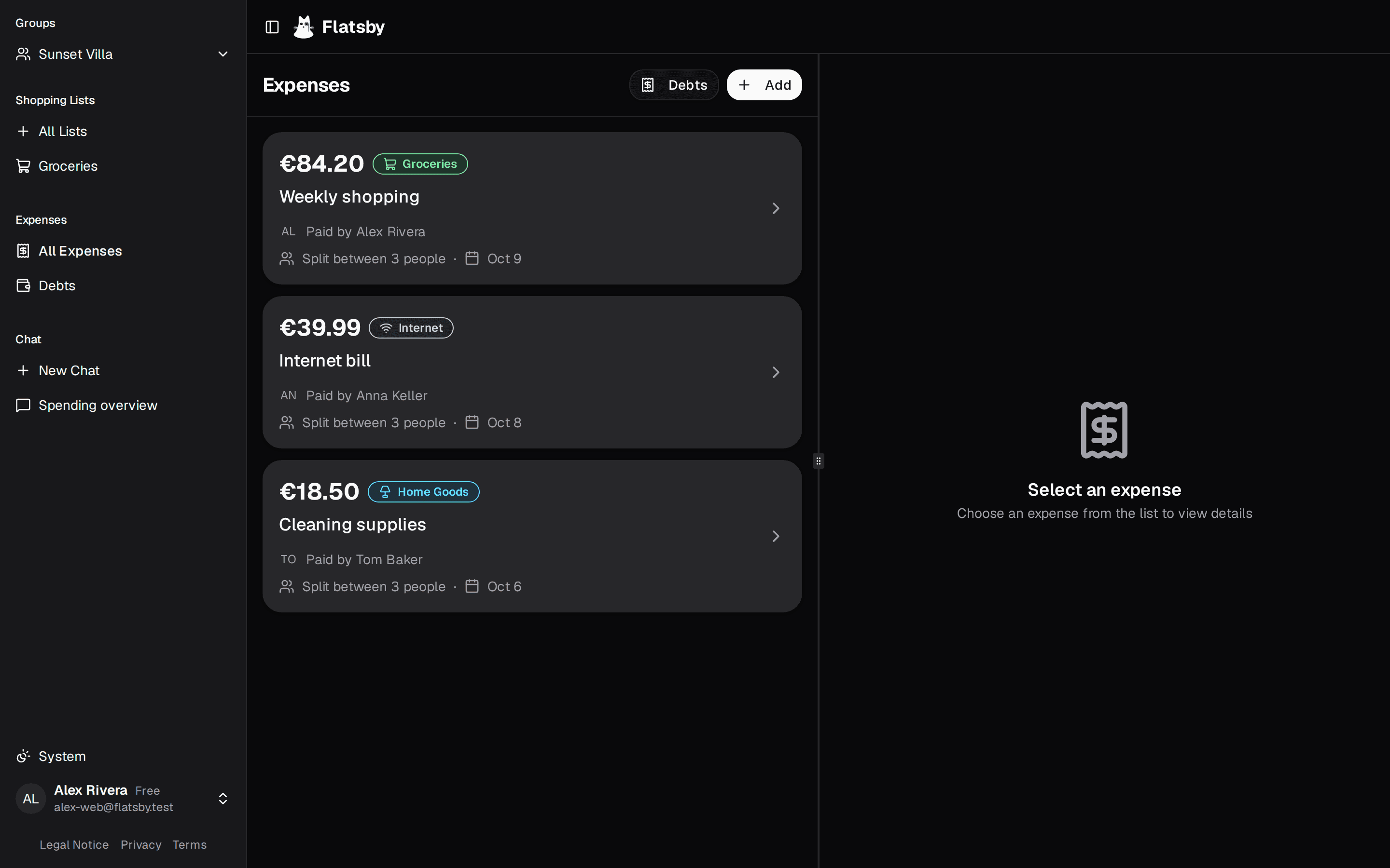 List of shared expenses with who paid and how it was split