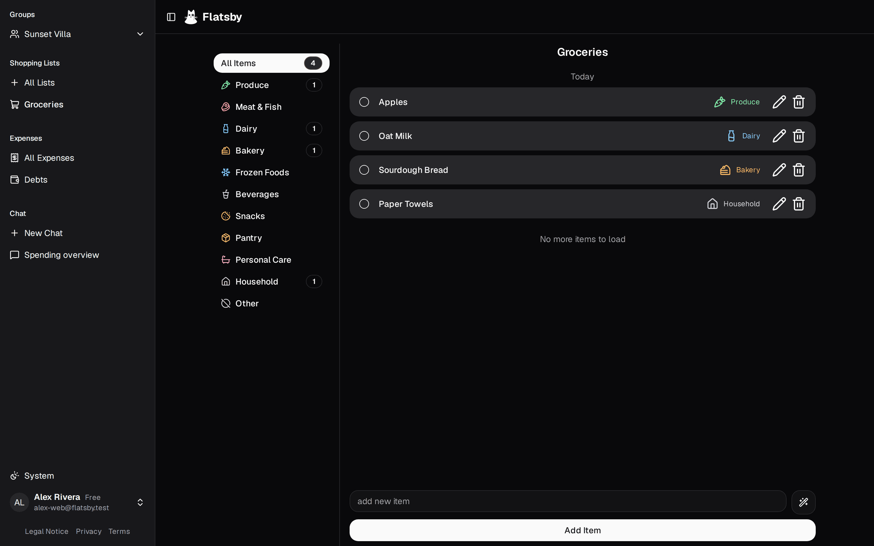 A shared grocery list in the Flatsby web app